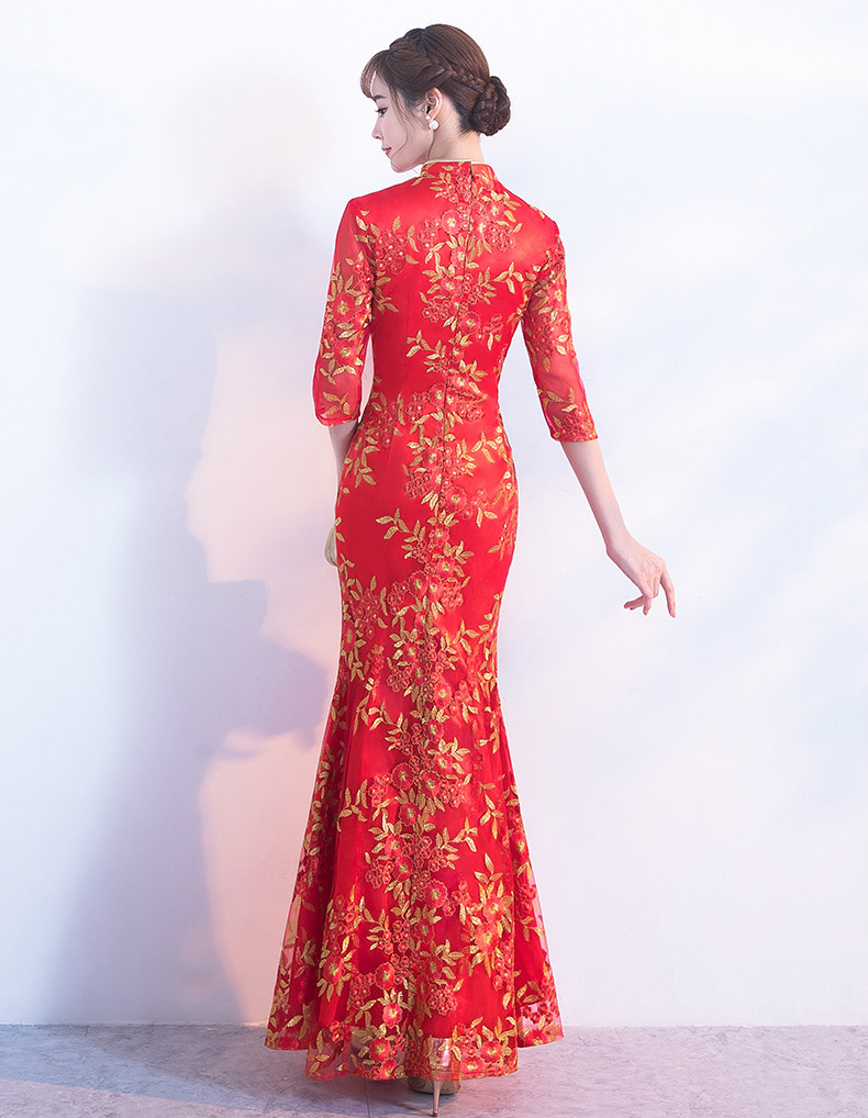 金絲葉子繡花旗袍，復(fù)古紅色旗袍裙