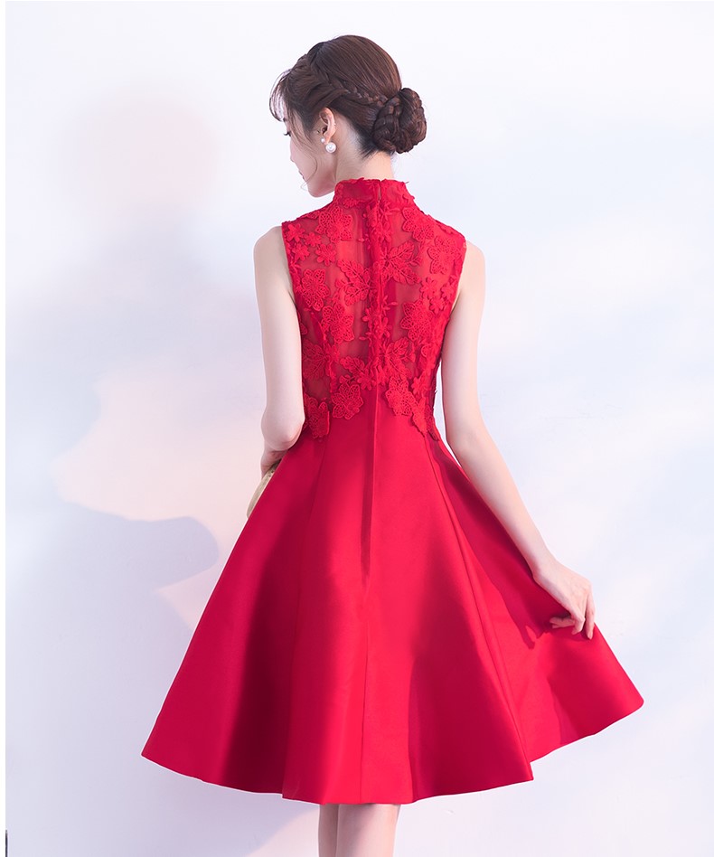 時(shí)尚無袖中式禮服，蕾絲繡花短款晚禮服