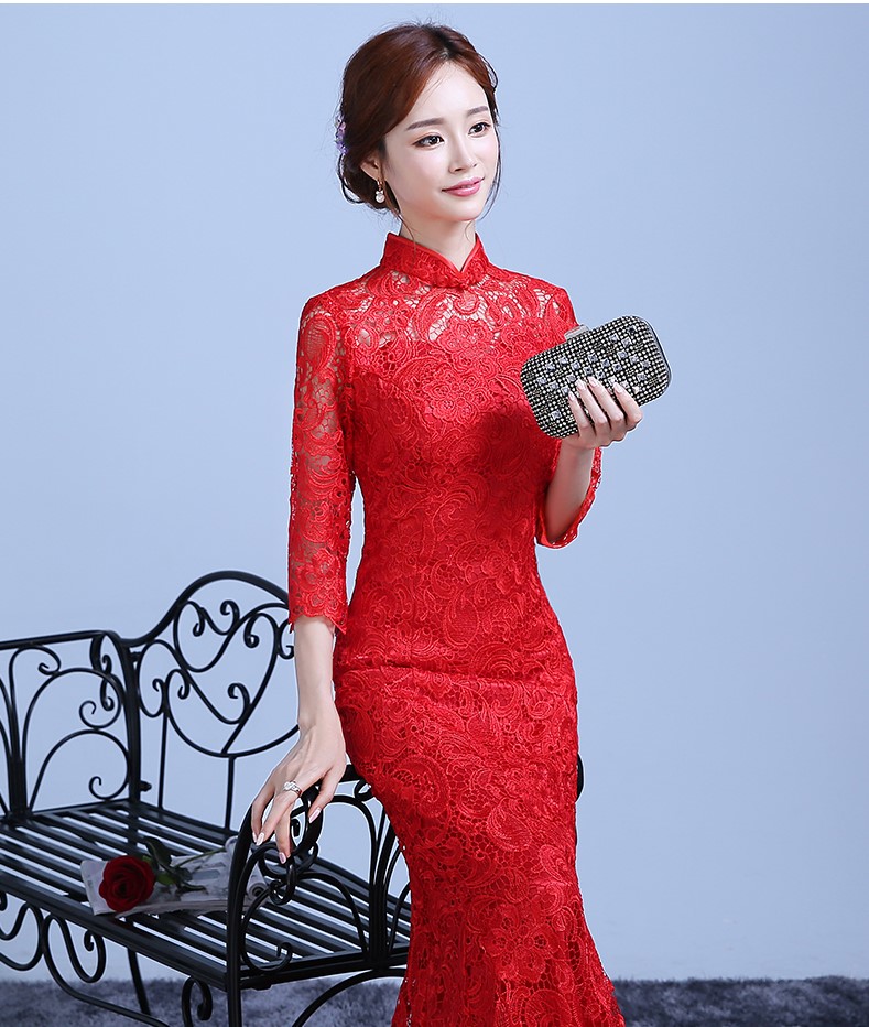 魚尾蕾絲裙擺中式禮服，復(fù)古氣質(zhì)晚禮服