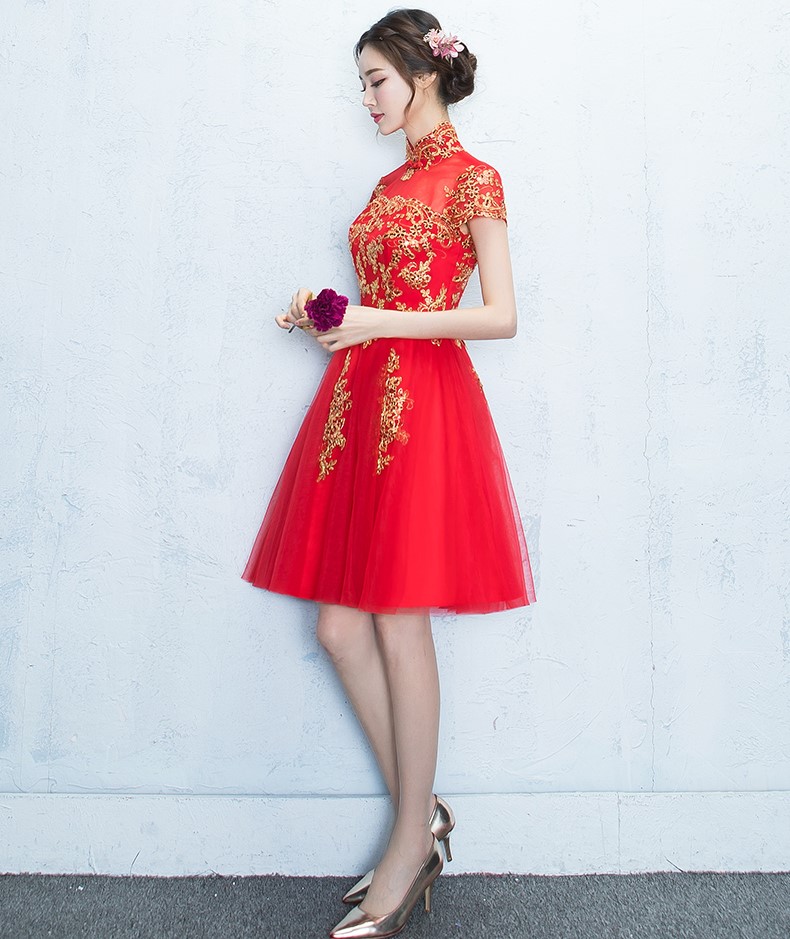 蕾絲復(fù)古立領(lǐng)中式禮服，時(shí)尚優(yōu)雅網(wǎng)紗晚禮服