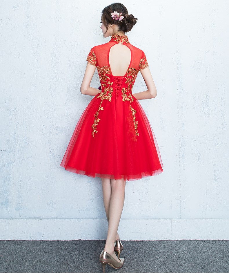 蕾絲復(fù)古立領(lǐng)中式禮服，時(shí)尚優(yōu)雅網(wǎng)紗晚禮服