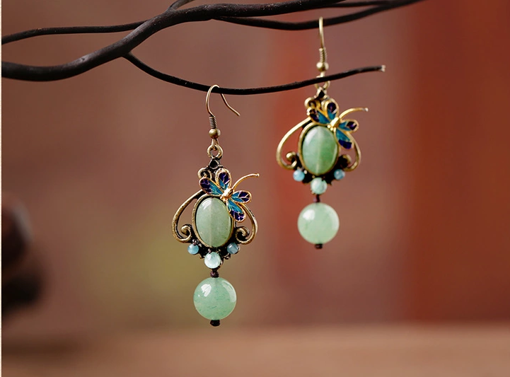 化蝶飛耳環(huán)，復(fù)古家佳樂文學(xué)東陵玉耳墜首飾