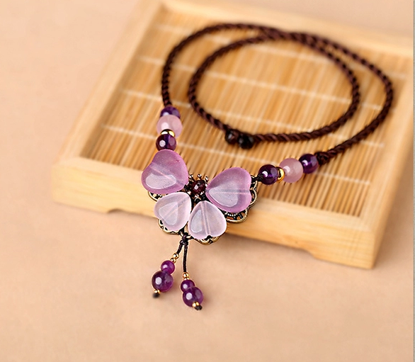 紫色彩玉吊墜鎖骨鏈，家佳樂文學風項鏈首飾