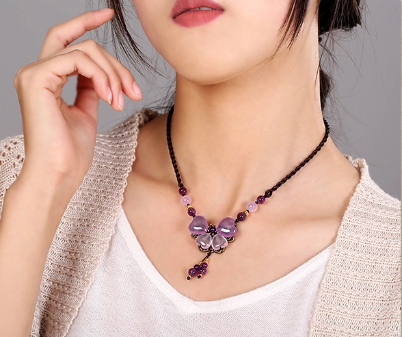 紫色彩玉吊墜鎖骨鏈，家佳樂文學風項鏈首飾