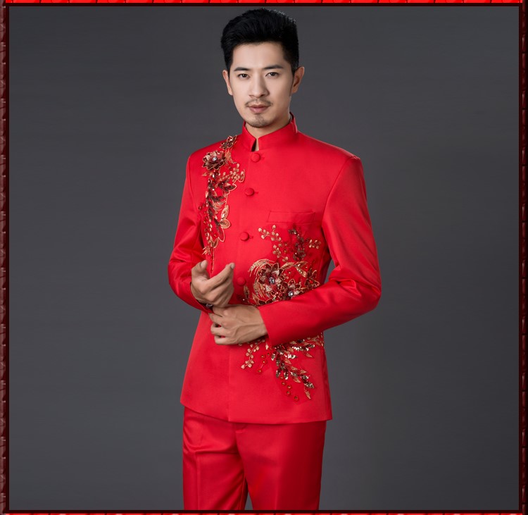 亮片立體花朵中式主持禮服，男士改良中山裝