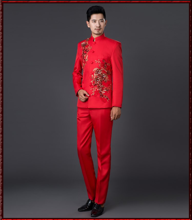 亮片立體花朵中式主持禮服，男士改良中山裝