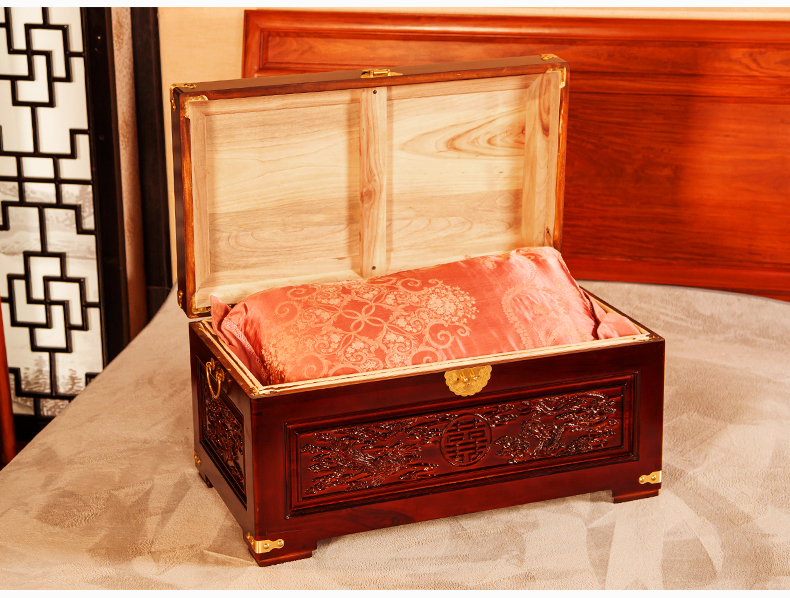 美觀實用雙喜樟木箱，精美雕花木箱子