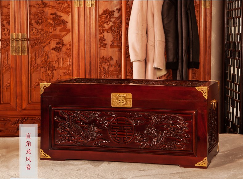 美觀實用雙喜樟木箱，精美雕花木箱子