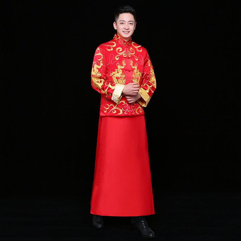 雙龍刺繡男士中式禮服，時(shí)尚家佳樂(lè)文學(xué)新郎禮服
