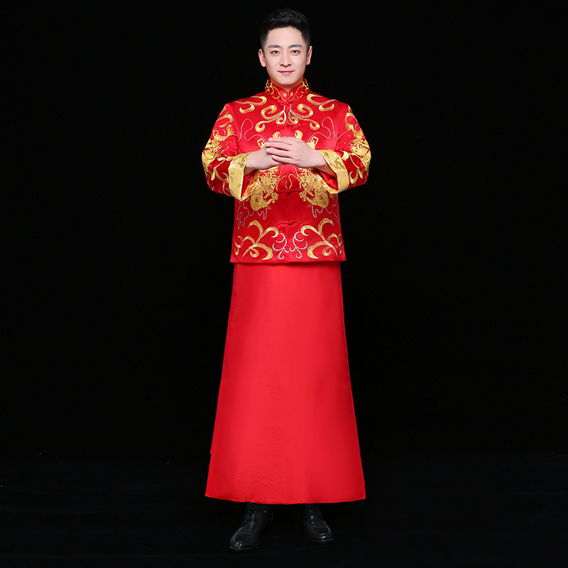 雙龍刺繡男士中式禮服，時(shí)尚家佳樂(lè)文學(xué)新郎禮服