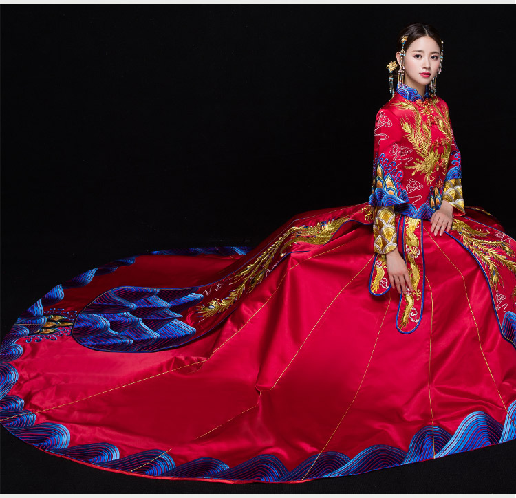 復(fù)古典雅家佳樂文學(xué)新娘禮服，奢華拖尾中式禮服