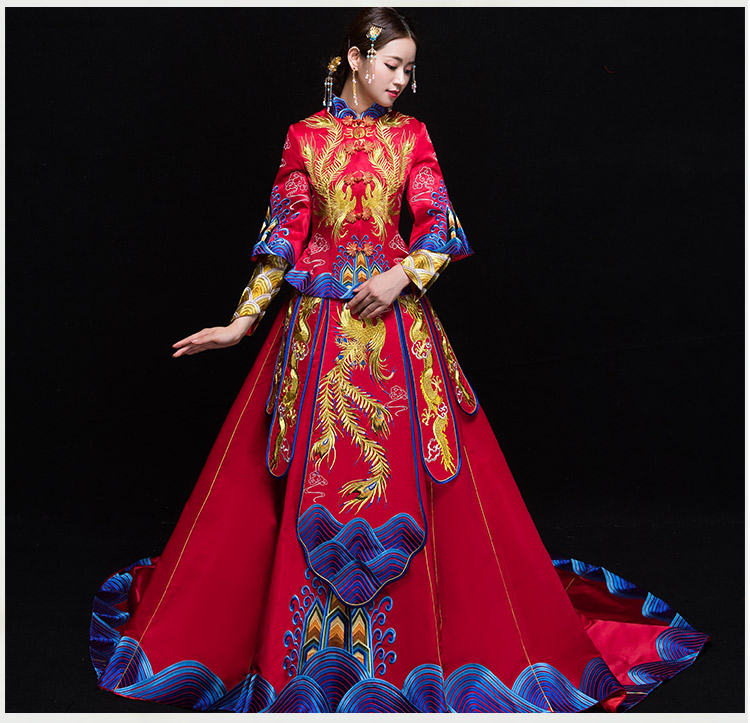 復(fù)古典雅家佳樂文學(xué)新娘禮服，奢華拖尾中式禮服