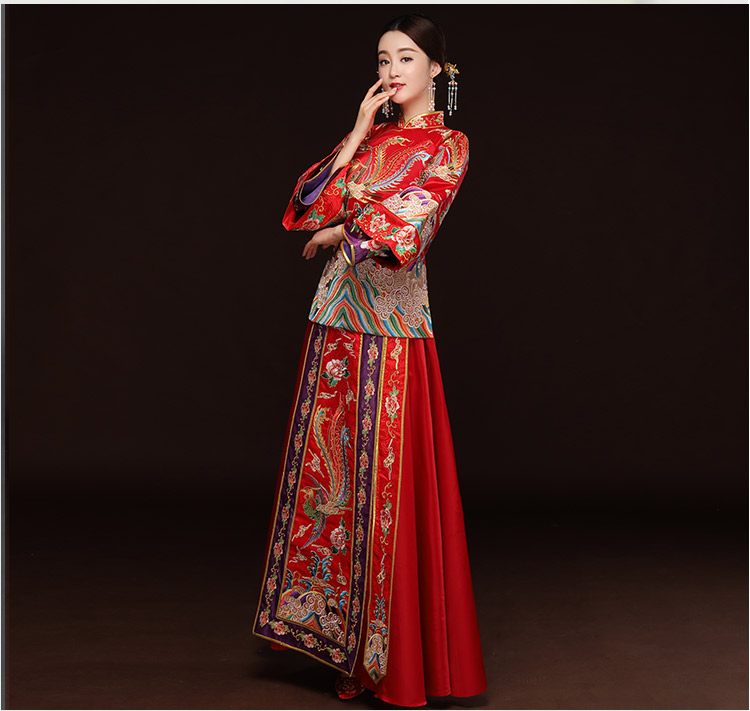 精美鳳凰斜襟新娘禮服，奢華刺繡中式禮服