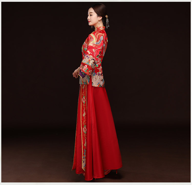 精美鳳凰斜襟新娘禮服，奢華刺繡中式禮服