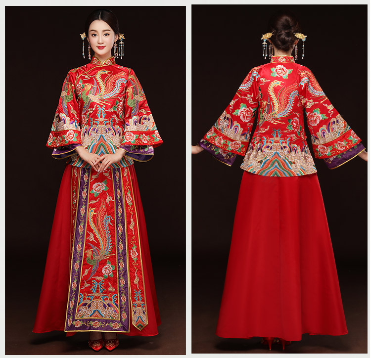精美鳳凰斜襟新娘禮服，奢華刺繡中式禮服