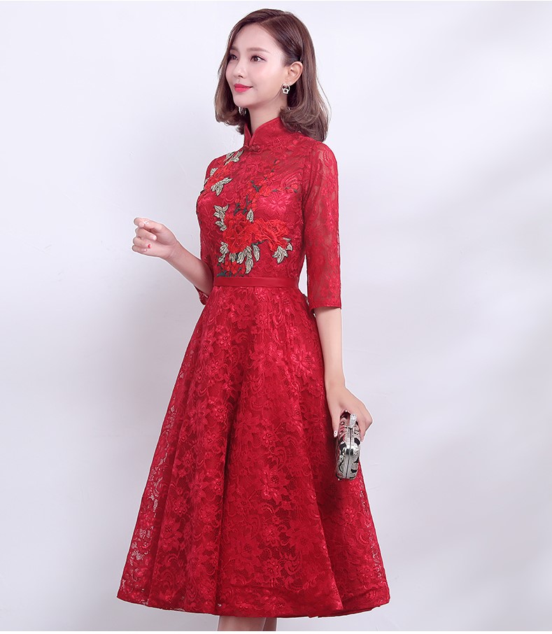 復(fù)古時尚中式禮服，家佳樂文學(xué)紅色七分袖晚禮服