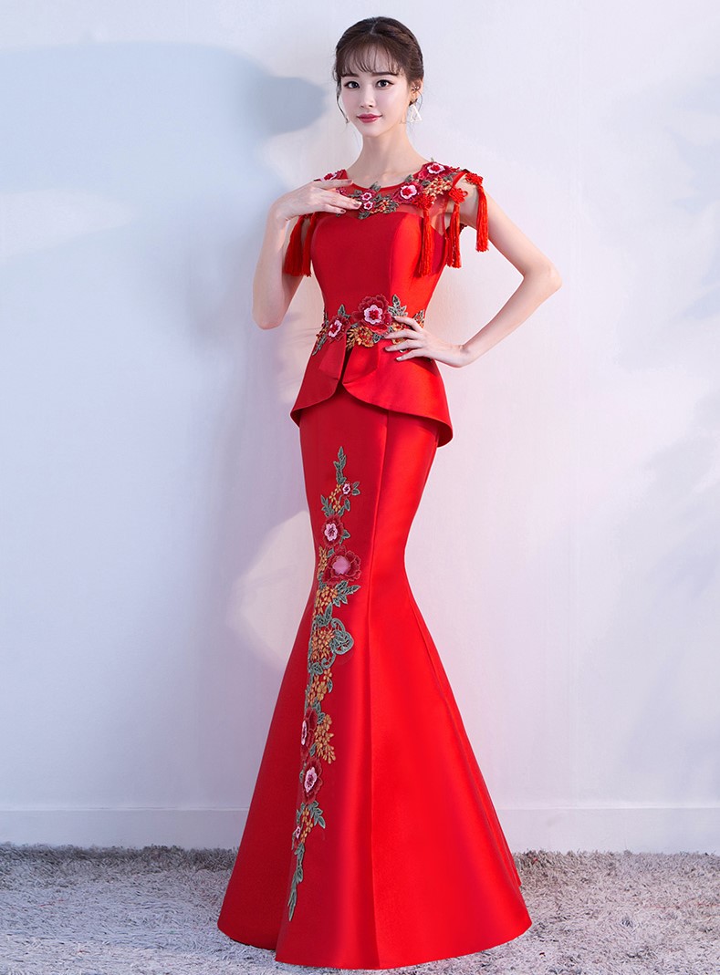 紅色顯瘦長(zhǎng)款中式禮服，家佳樂文學(xué)魚尾晚禮服