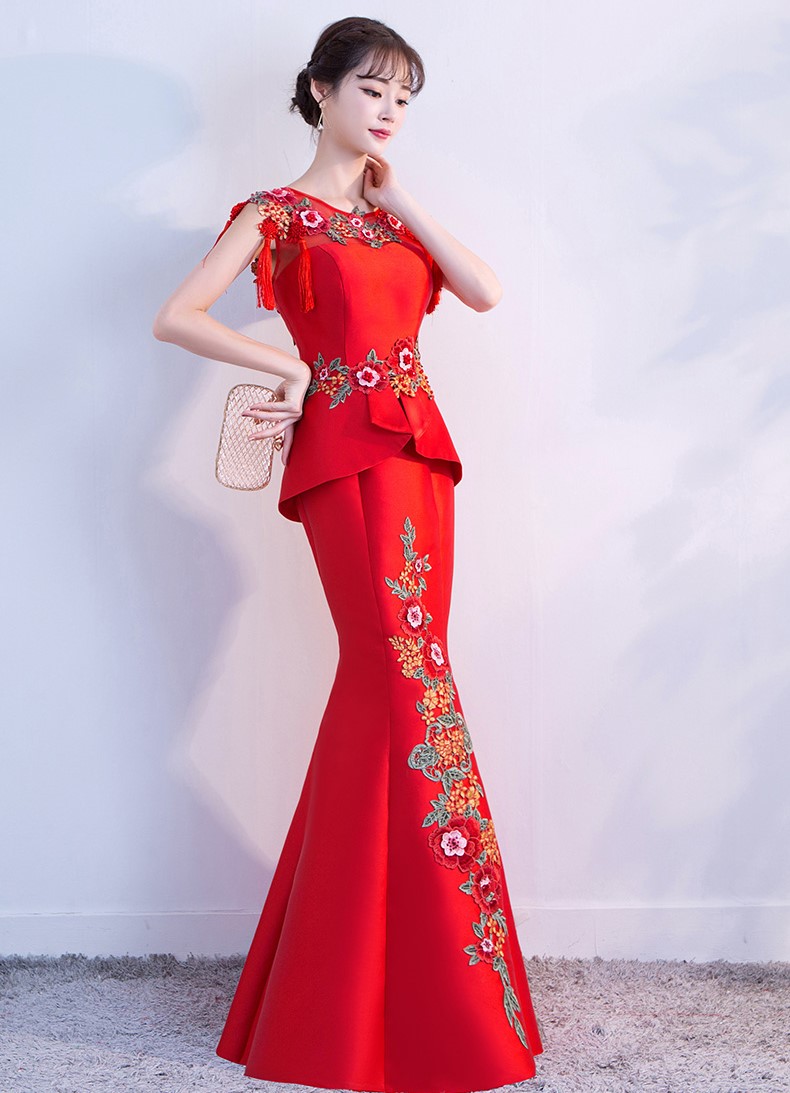 紅色顯瘦長(zhǎng)款中式禮服，家佳樂文學(xué)魚尾晚禮服