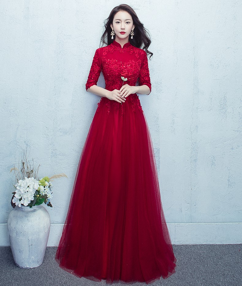 紅色蕾絲網(wǎng)紗裙中式禮服，優(yōu)雅修身晚禮服