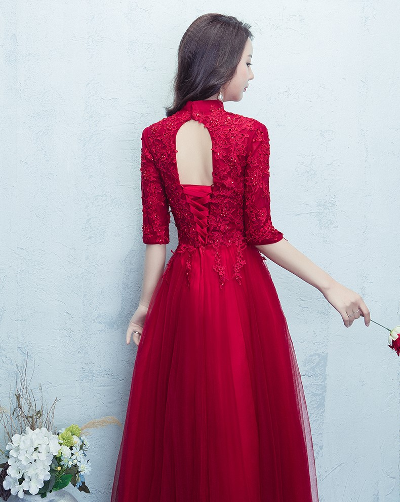 紅色蕾絲網(wǎng)紗裙中式禮服，優(yōu)雅修身晚禮服