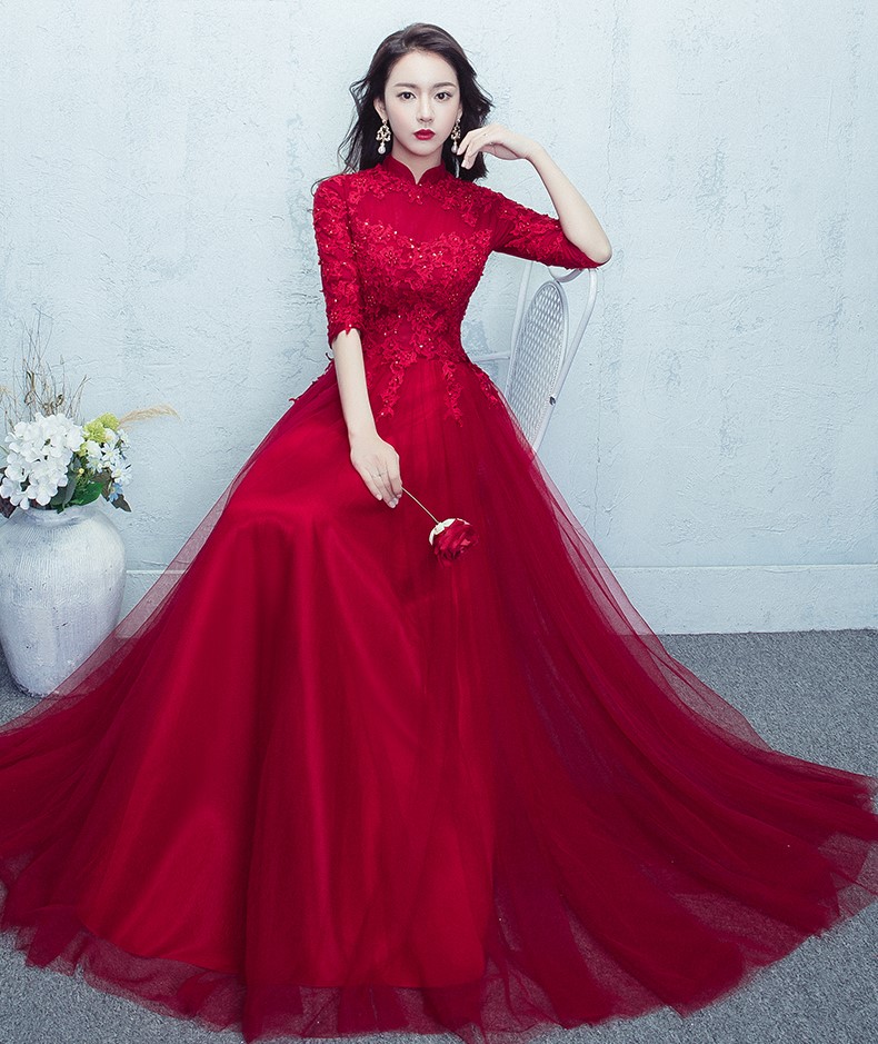 紅色蕾絲網(wǎng)紗裙中式禮服，優(yōu)雅修身晚禮服