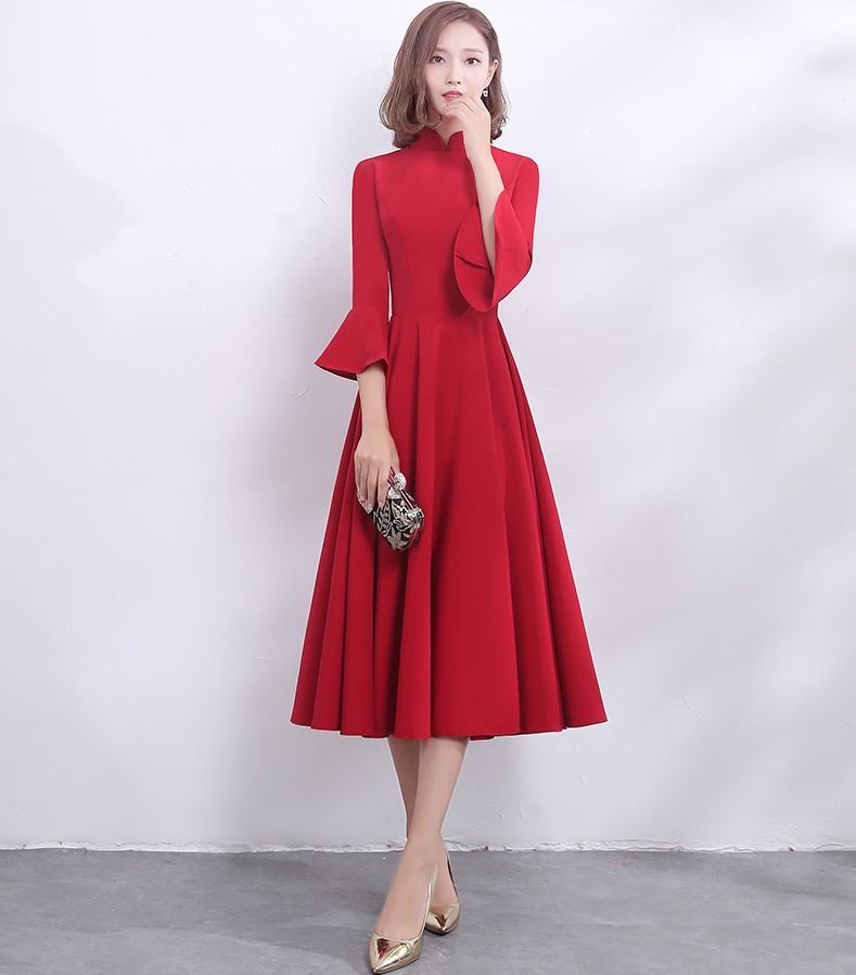 復古荷葉袖口中式禮服，簡約時尚晚禮服