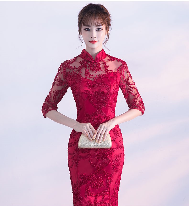 精致復(fù)古中式禮服，蕾絲魚(yú)尾晚禮服