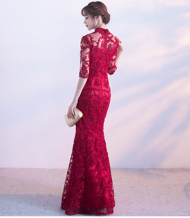 精致復(fù)古中式禮服，蕾絲魚(yú)尾晚禮服