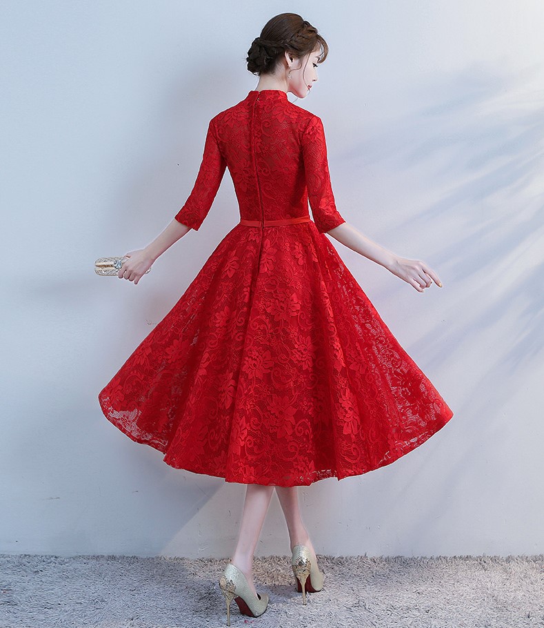 復(fù)古立領(lǐng)中式禮服，蕾絲中袖晚禮服