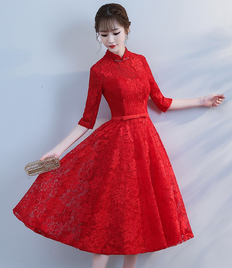 復(fù)古立領(lǐng)中式禮服，蕾絲中袖晚禮服