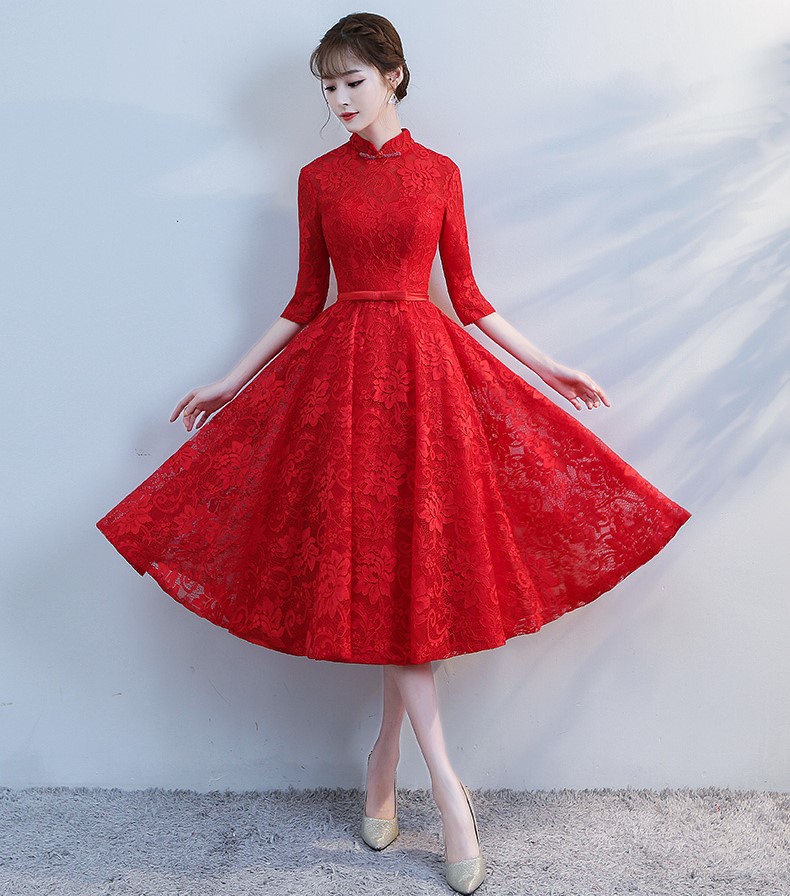 復(fù)古立領(lǐng)中式禮服，蕾絲中袖晚禮服