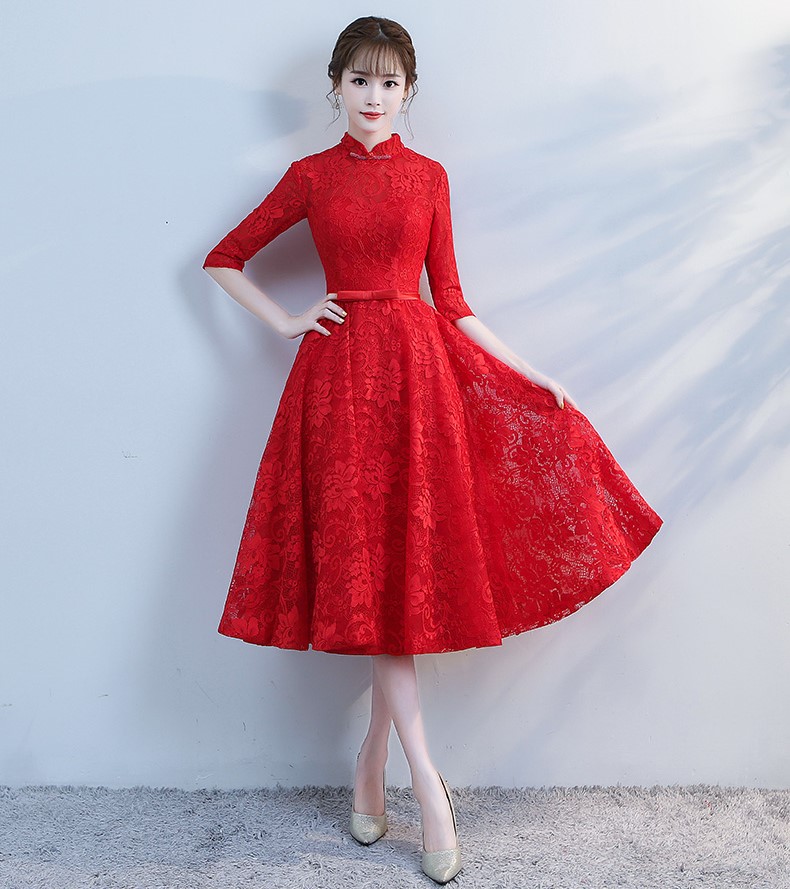 復(fù)古立領(lǐng)中式禮服，蕾絲中袖晚禮服