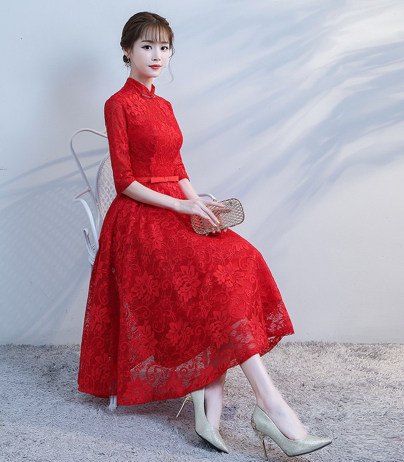 復(fù)古立領(lǐng)中式禮服，蕾絲中袖晚禮服