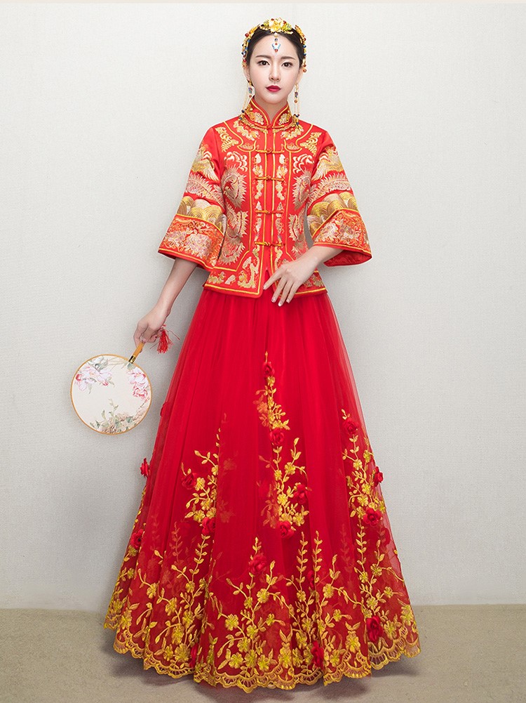 復古龍鳳褂中式禮服，蕾絲網紗裙新娘結婚禮服