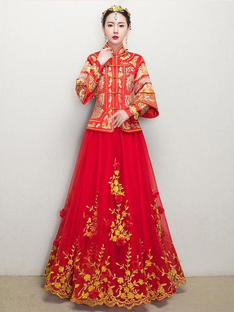 復古龍鳳褂中式禮服，蕾絲網紗裙新娘結婚禮服