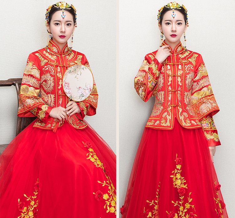 復古龍鳳褂中式禮服，蕾絲網紗裙新娘結婚禮服