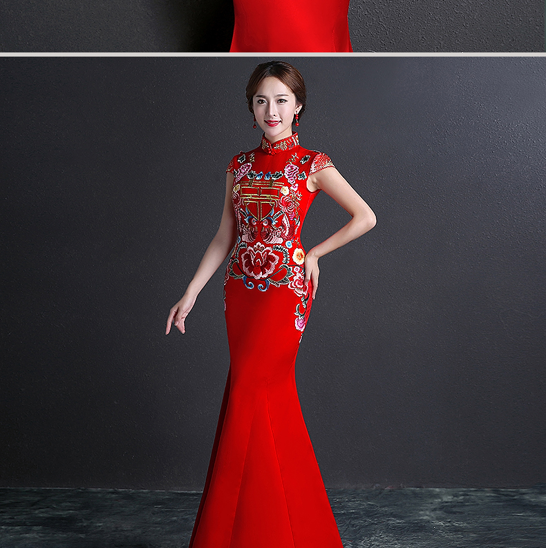 雙喜繡花中式禮服，魚尾修身晚禮服