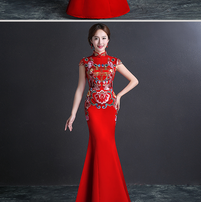 雙喜繡花中式禮服，魚尾修身晚禮服