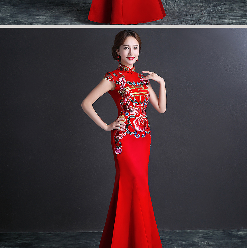 雙喜繡花中式禮服，魚尾修身晚禮服