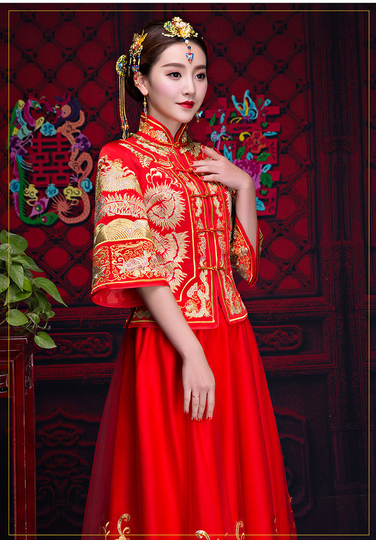 紅色中袖中式禮服，復古家佳樂文學新娘禮服