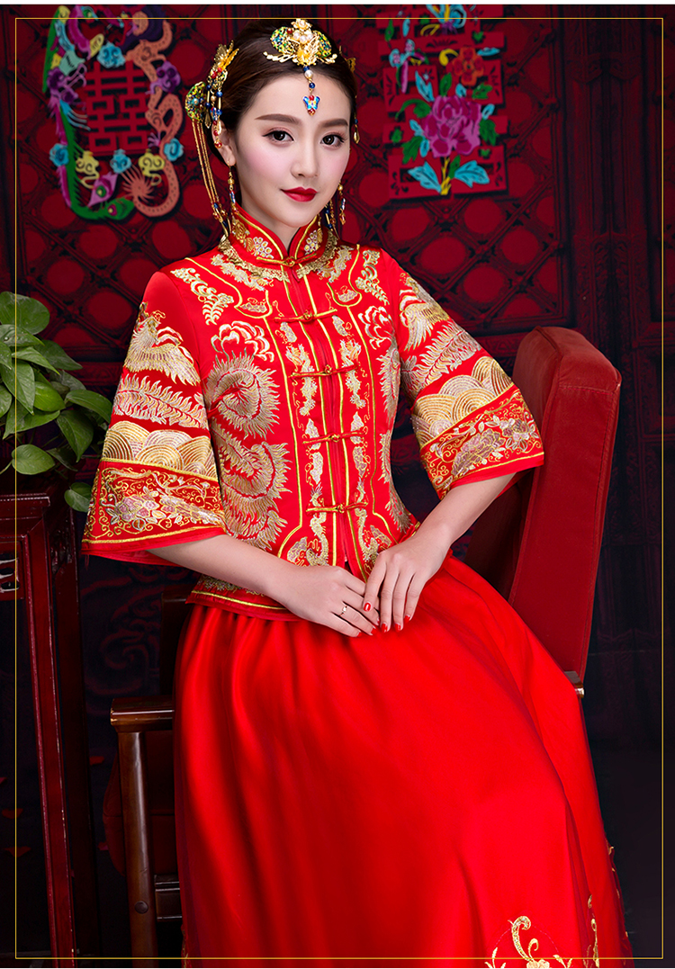 紅色中袖中式禮服，復古家佳樂文學新娘禮服