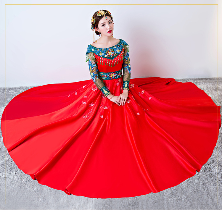 時尚一字肩中式禮服，復(fù)古家佳樂文學(xué)新娘禮服