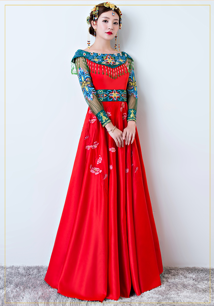 時尚一字肩中式禮服，復(fù)古家佳樂文學(xué)新娘禮服