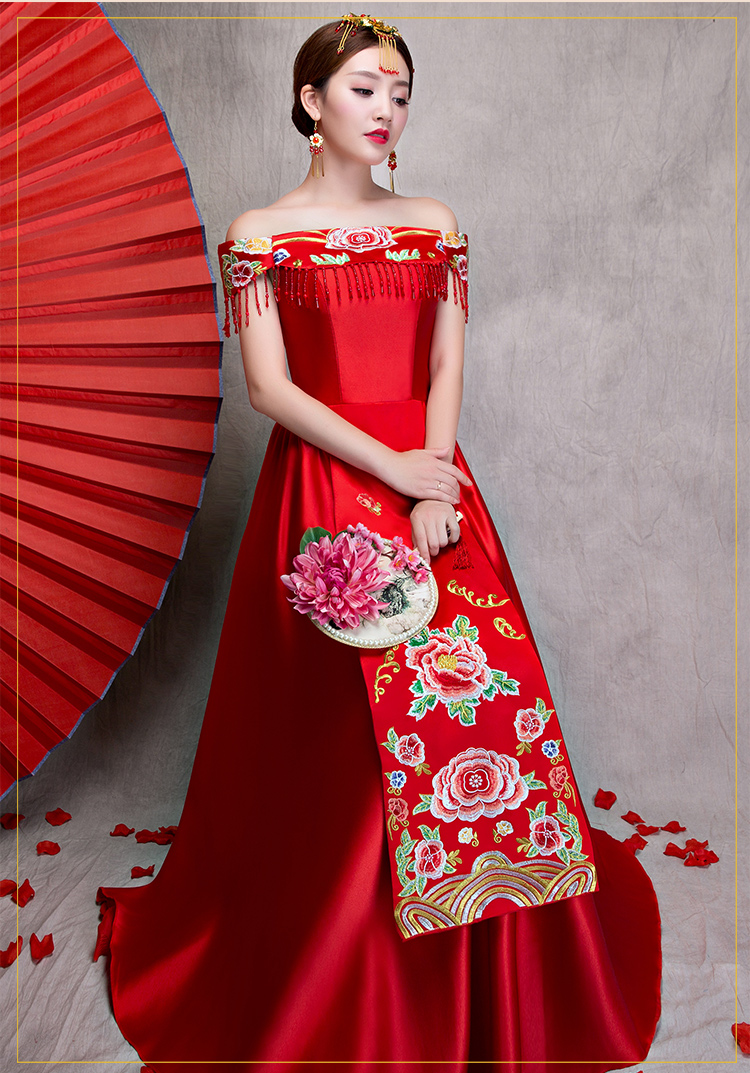 時(shí)尚一字肩無袖中式禮服，家佳樂文學(xué)新娘禮服