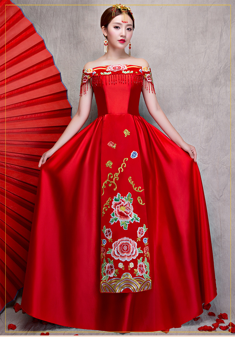 時(shí)尚一字肩無袖中式禮服，家佳樂文學(xué)新娘禮服