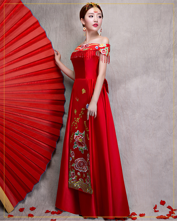 時(shí)尚一字肩無袖中式禮服，家佳樂文學(xué)新娘禮服