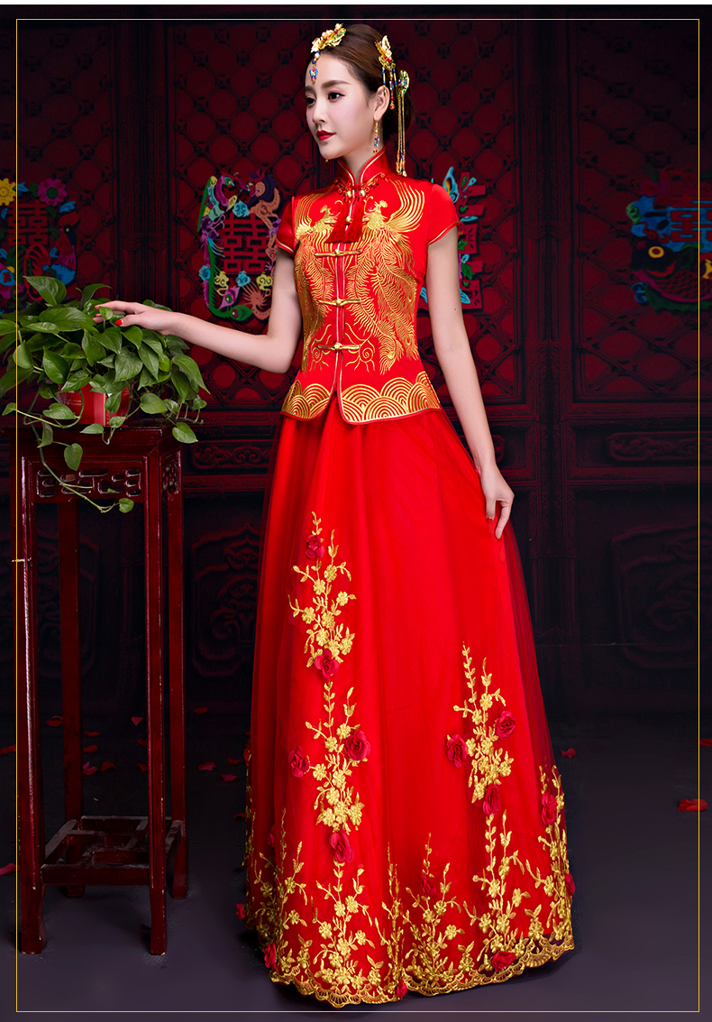 短袖對襟中式禮服，蕾絲裙新娘禮服