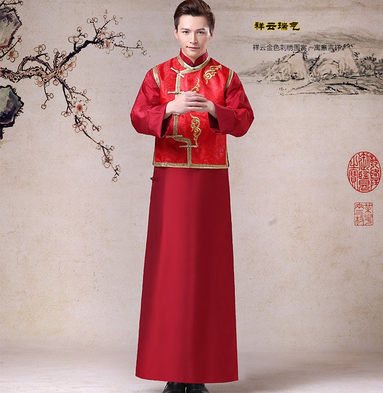 家佳樂(lè)文學(xué)祥云圖案新郎禮服，長(zhǎng)袍褂衣中式禮服