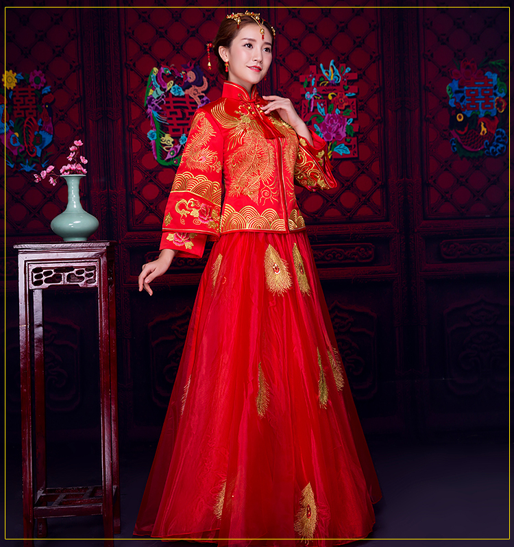 羽毛繡花蕾絲裙新娘禮服，時(shí)尚中式禮服