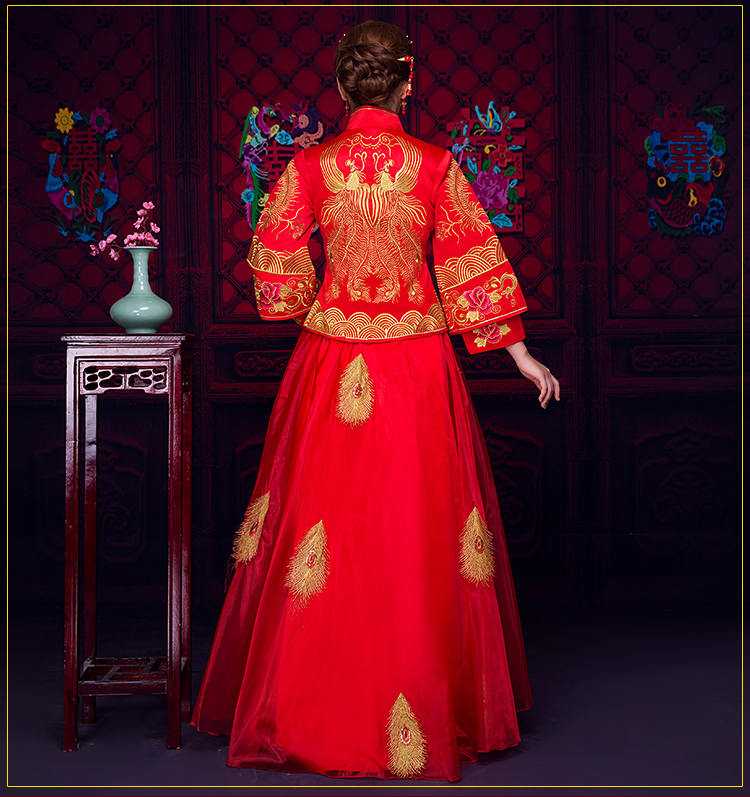 羽毛繡花蕾絲裙新娘禮服，時(shí)尚中式禮服